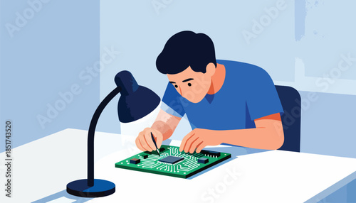 Person intently working on electronic components under a desk lamp