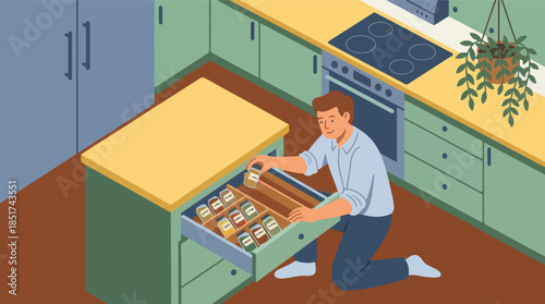 Man kneeling in kitchen, organizing spice jars in an open drawer