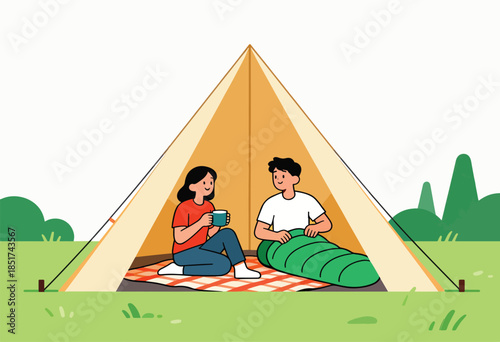 Two people relax inside a tent, enjoying hot drinks and a sleeping bag outdoors