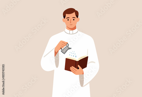 Clergy member in white robe pours water from a small jug onto an open book