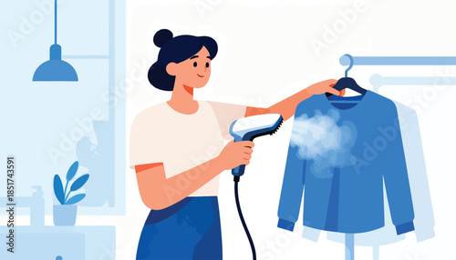 Woman steaming a blue shirt on a hanger in a room