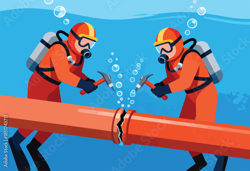 Two divers in orange suits use hammers to fix a cracked underwater pipe