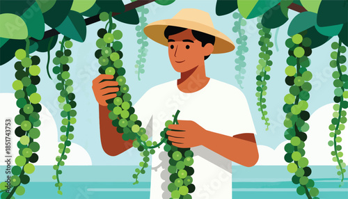 Farmer in straw hat tending to hanging green berries under lush foliage