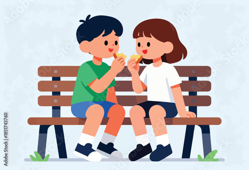 Two children sit on a wooden bench, smiling and eating snacks