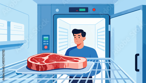 Man in blue shirt looks at large raw steak in cold storage