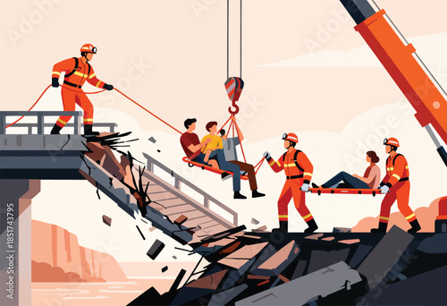 Rescue workers save people from a collapsed bridge