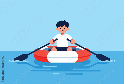 Stylized illustration of a person rowing a red and white boat on blue water