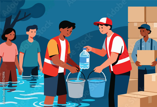 Volunteers distribute essential supplies during a flood relief effort
