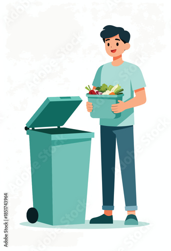 Man carrying bin of vegetables to trash
