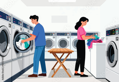Two people are doing laundry at a laundromat with rows of washing machines