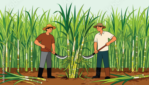 Two farmers harvesting tall green sugarcane stalks in a field using machetes