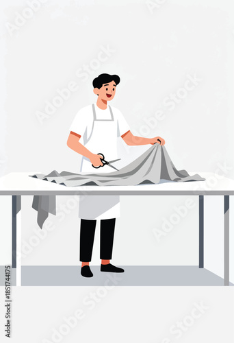 A person in an apron cuts gray fabric with scissors on a table