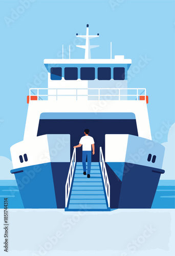 A person walks up stairs onto a ferry with a calm blue background