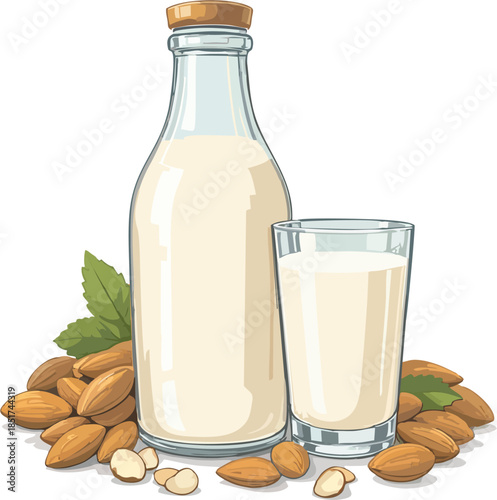 Almond Milk in Glass Bottle and Glass with Whole Almonds, Vegan Dairy-Free Plant Based Beverage