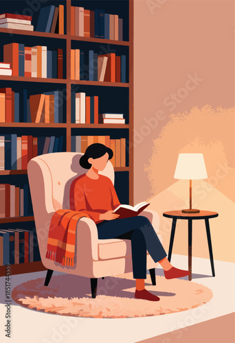 A person reads a book in a cozy armchair next to a lamp and bookshelf