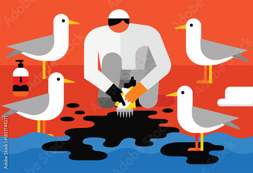 Person cleans oil from a gull surrounded by other gulls
