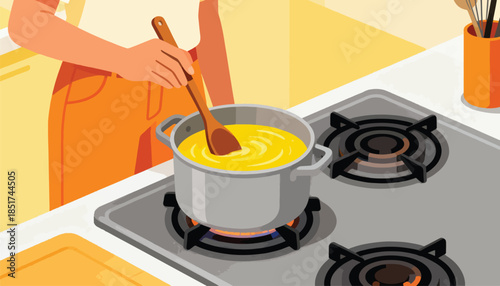 A person stirs a pot of yellow liquid on a stovetop with flames