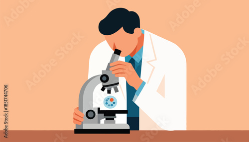 A person in a lab coat examines a slide under a microscope