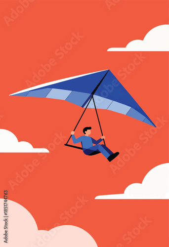 Person soaring through sky on a blue hang glider among stylized clouds