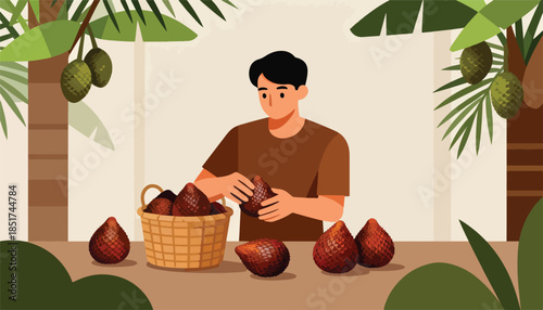 Person sorting basket of scaly fruits amidst tropical foliage