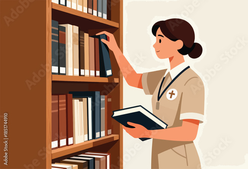 A woman in uniform selects a book from a wooden shelf