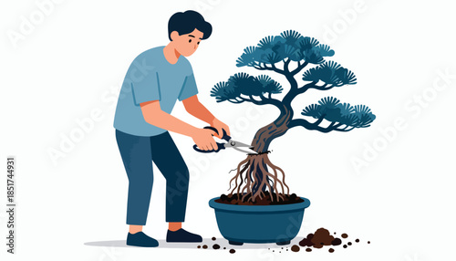 Person trimming the roots of a small tree in a blue pot with scissors