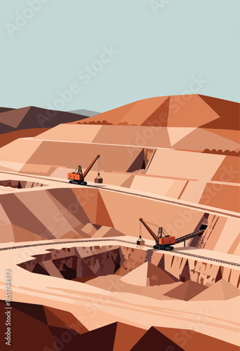 Giant excavators dig into a vast, terraced desert landscape