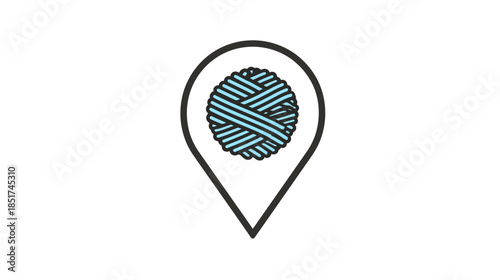 Map pin with yarn ball icon for knitting and craft store location, creative hobbies, handmade goods, and textile business.