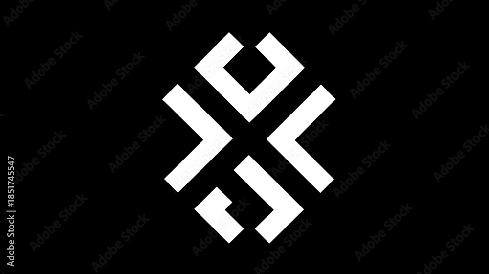 Obraz premium Modern abstract white geometric symbol on black background. Minimalist design element for technology, digital, and data concepts.