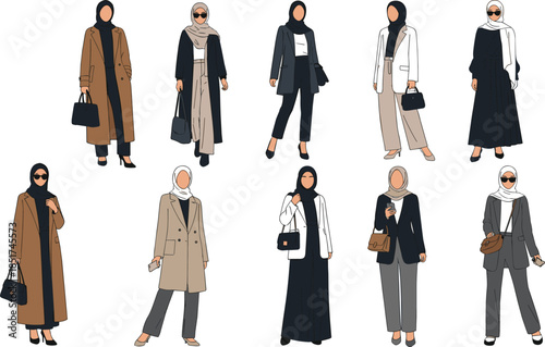 Modest fashion, hijab style, Muslim women clothing, trendy outfits, elegant coats, chic blazers, wide-leg trousers, skirts, handbags, sunglasses