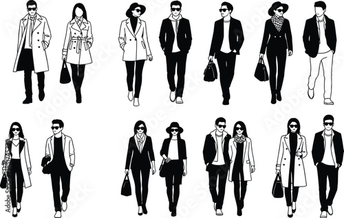 Fashion silhouettes, walking figures, trench coats, sunglasses, handbags, hats, stylish clothing, modern attire, urban style, minimalist art, design