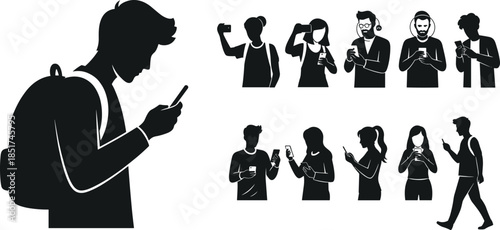 Smartphone silhouettes, casual figures, backpack pose, texting, selfies, headphones, browsing, digital lifestyle, modern society, mobile dependence, connectivity