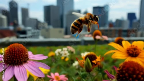 Bee Flower City Skyline Rooftop Urban Nature Pollination Summer Yellow Garden Macro Closeup Pollen Vibrant Pink Flower Meadow Soft City Skyline Background Urban Rooftop Garden