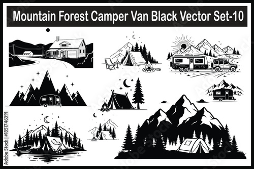 Mountain Forest Camper Van Vector Set