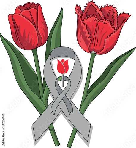Kinds of Red tulip and gray ribbon. World Parkinson's disease symbol. Awareness sign. Flat style vector illustration isolated on White background.