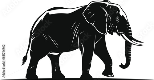 Large African Elephant Silhouette Vector, Wild Animal Walking in Black and White, Powerful Mammal Graphic for Wildlife, Conservation, and Nature Reserve Design.