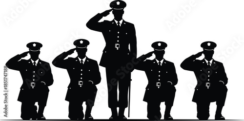 Military officers in uniform saluting, commanding leader standing, four kneeling soldiers, patriotism, honor, tribute, black silhouette vector illustration, armed forces service