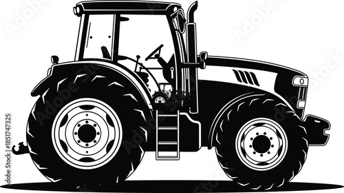 Modern Farm Tractor Black and White Silhouette, Agriculture Machinery Illustration, Heavy Duty Farming Vehicle, Industrial Equipment Vector, Field Work.