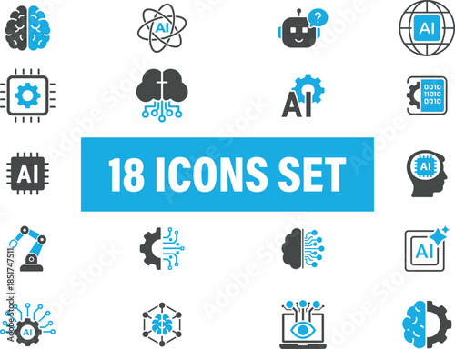 Artificial Intelligence Icons Set: Brain, Robot, Chip, and Network Concepts. set of ai icons 
featuring brains, robots, chips, and other symbols related to artificial intelligence