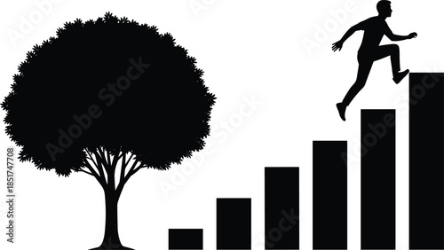 Silhouette of ambitious businessman running up growing bar graph steps next to a large tree, symbolizing career success and natural growth.