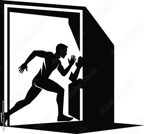Silhouette of determined man running or bursting through open doorway, symbolizing opportunity, breakthrough, exit, or urgency and escape concept.