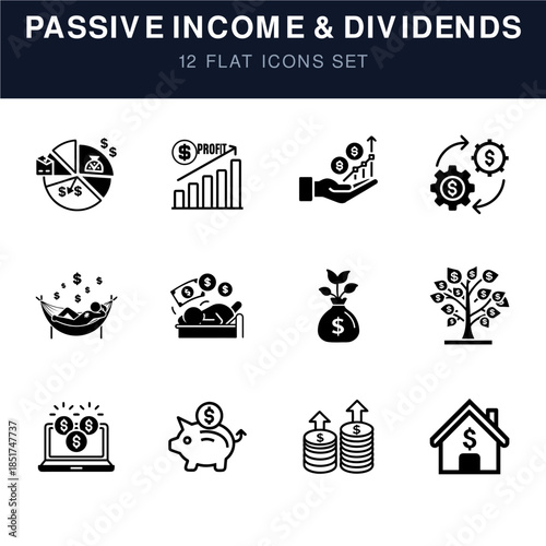 Passive Income and Dividends 12 Flat Icons Set. Financial investment, stock market, revenue stream, and wealth management vector graphics.