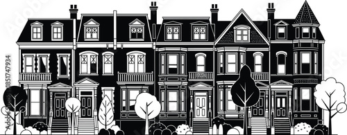 Victorian style city row houses, detailed residential street scene, architectural facade vector illustration, historic property, urban living, black and white graphic