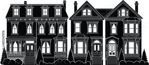 Victorian style row houses silhouette, classic residential buildings, detailed architecture vector illustration, urban street scene, historic property, black and white facade