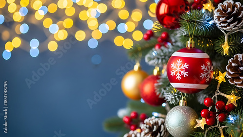 Decorated Christmas Tree with Ornaments and Festive Lights in Cozy Indoor Holiday Setting, Close-up View, Warm Atmosphere