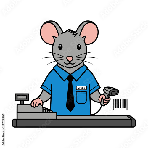 Cartoon mouse cashier working at a checkout counter with a barcode scanner.