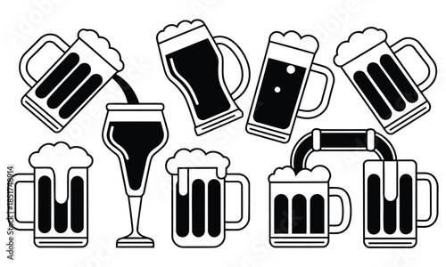 Beer glasses and beer pipe icon set on white background