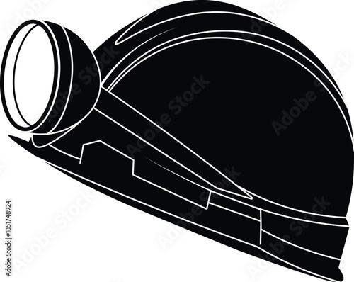 silhouette of a miner's helmet with a torch side view vector illustration. 