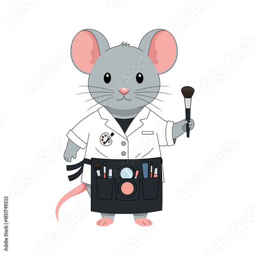 Cute cartoon mouse dressed as a makeup artist holding a brush.