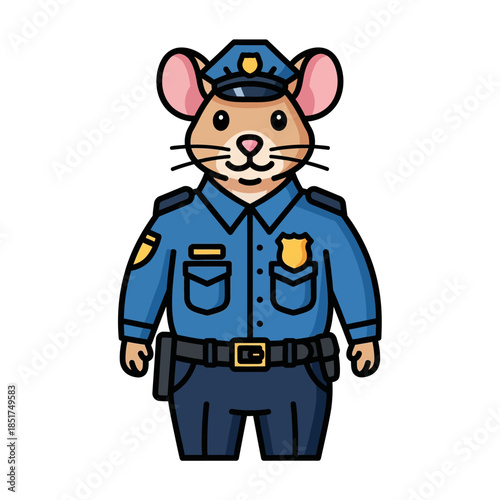 Cute cartoon police mouse wearing a uniform and hat.